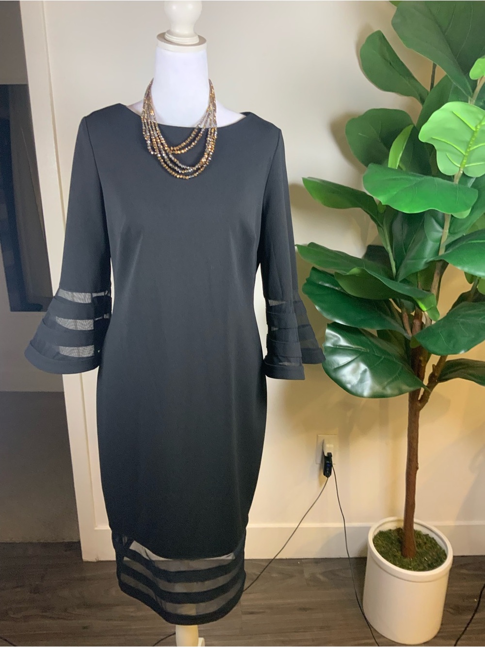 Calvin Klein Black Midi Shift Dress with Sheer Stripe Accents
